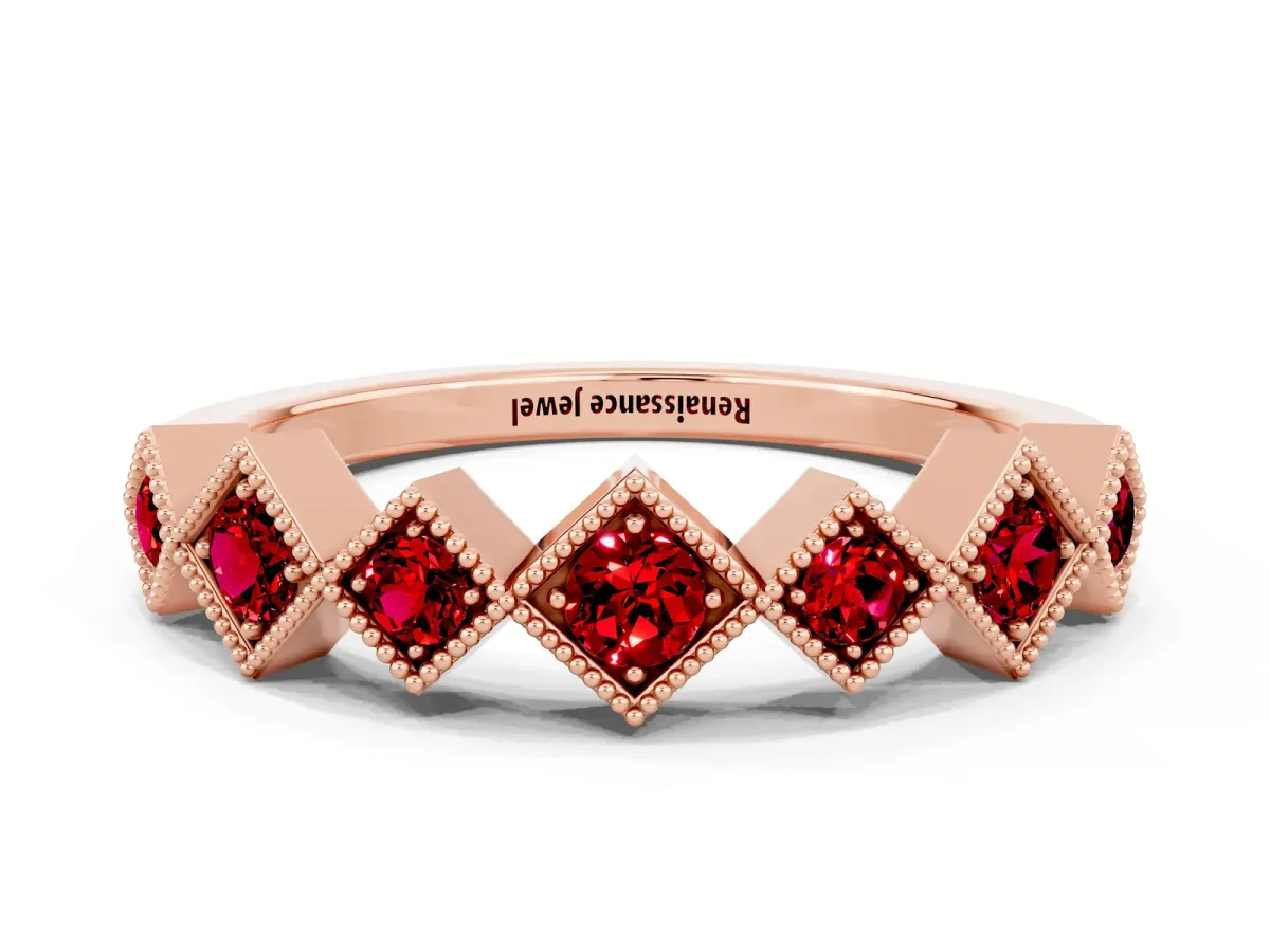 Milgrain Square Bezel Round Ruby Chevron Band Rose gold