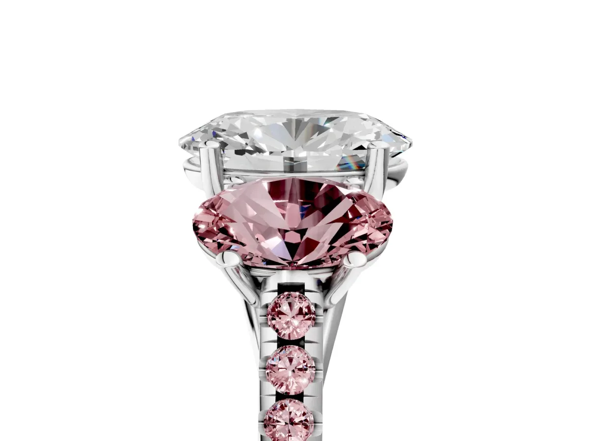 Three-Stone Oval Cut Diamond Ring with Round Morganite Pavé Band and Prong Setting Silver