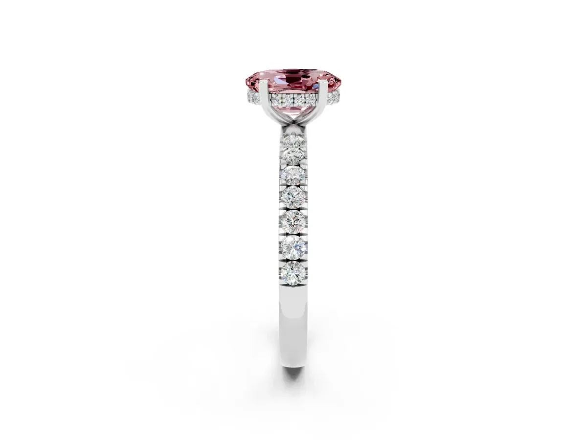 Oval Cut Morganite Pave Band Solitaire Ring with Round and Prong Setting Platinum