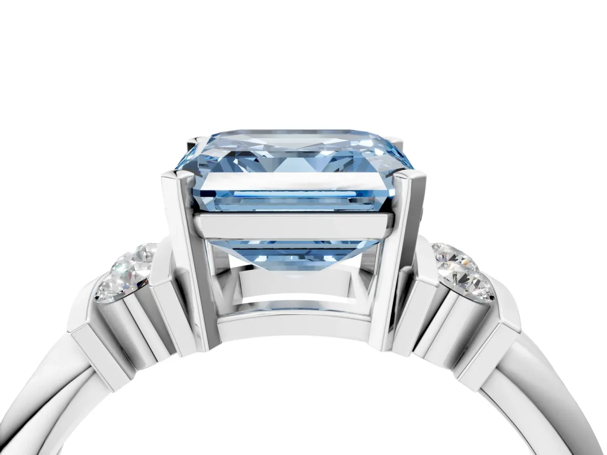 Fancy Blue Asscher Cut Cut Three-Stone Channel Set Ring with Bar Prongs Platinum