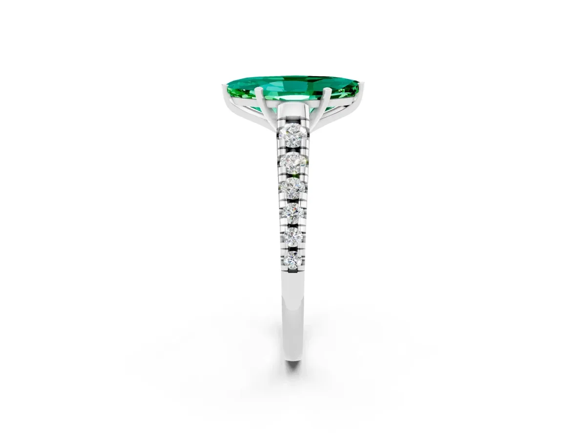 Marquise Cut Emerald Cathedral Solitaire Ring with Round Pavé Band Platinum