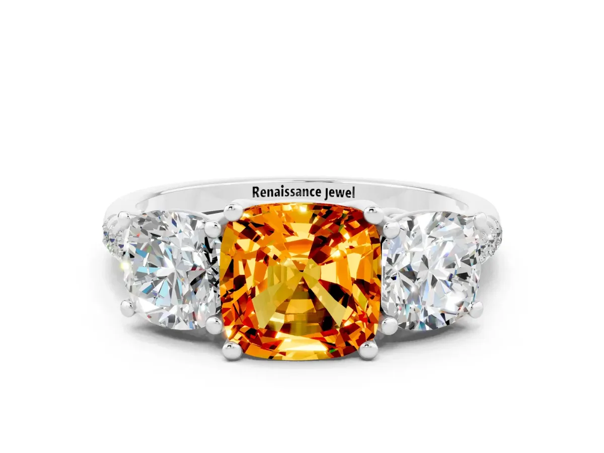 Three-Stone Cushion Cut Citrine Ring with Round Pavé Band and Prong Setting Platinum