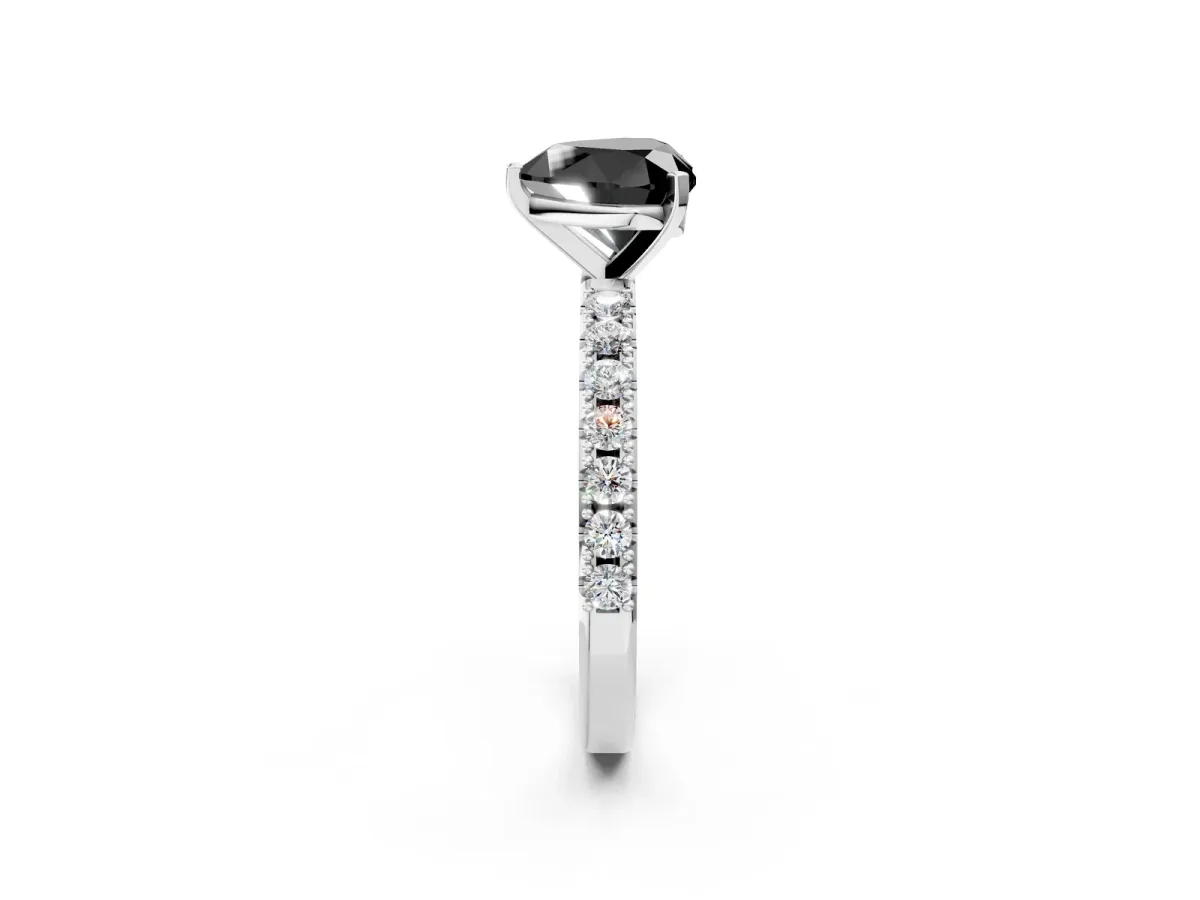 Fancy Black Heart Cut Diamond Solitaire Pavé Band with Four-Prong Setting Silver