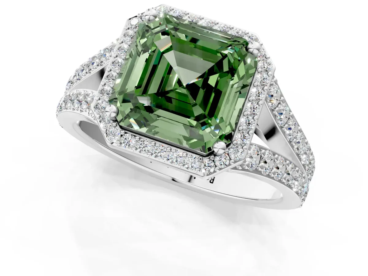 Fancy Green Asscher Cut Diamond Split Shank Halo Ring with Four-Prong Setting Platinum