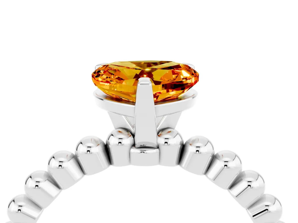Heart Cut Citrine Solitaire Ring with Beaded Band and Prong Setting Silver