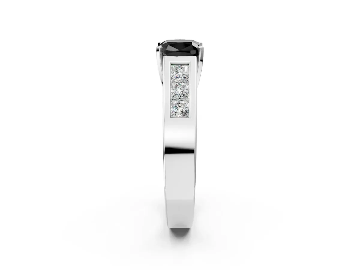 Fancy Black Cushion Cut Cut Channel Set Solitaire Ring with Four-Prong Setting Silver
