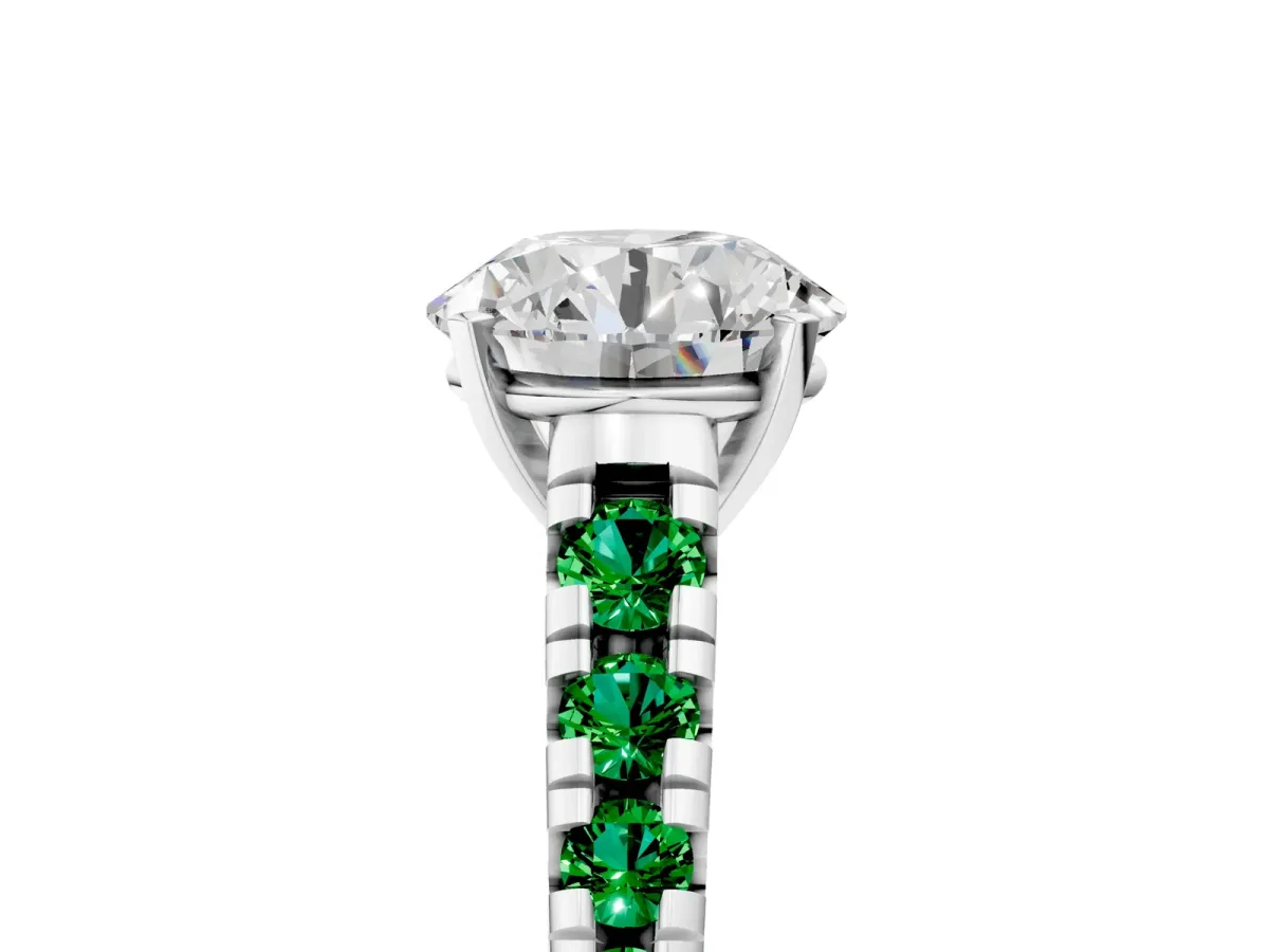 Round Cut Diamond Cathedral Solitaire Ring with Round Emerald Pavé Band Platinum