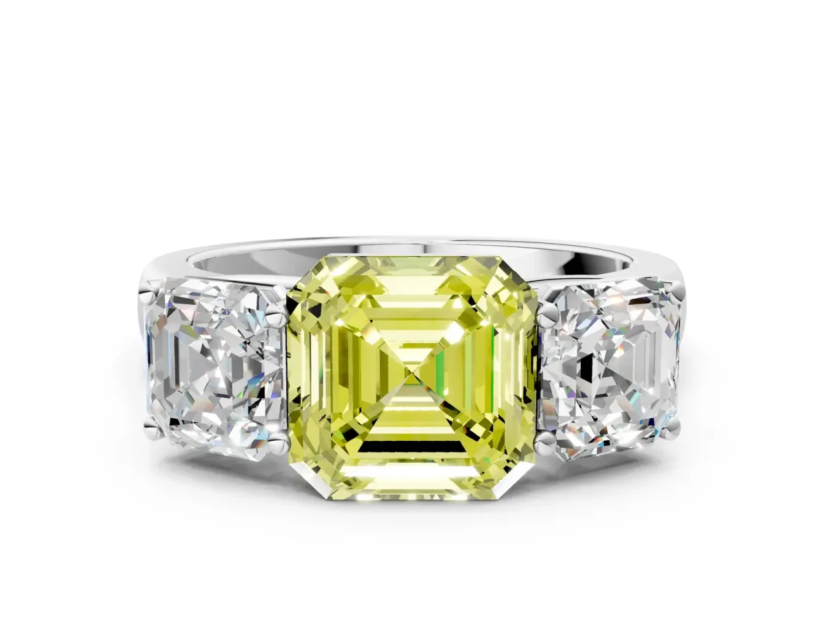 Fancy Yellow Asscher Cut Three-Stone Diamond Ring with Prong Setting on a Classic Band Platinum