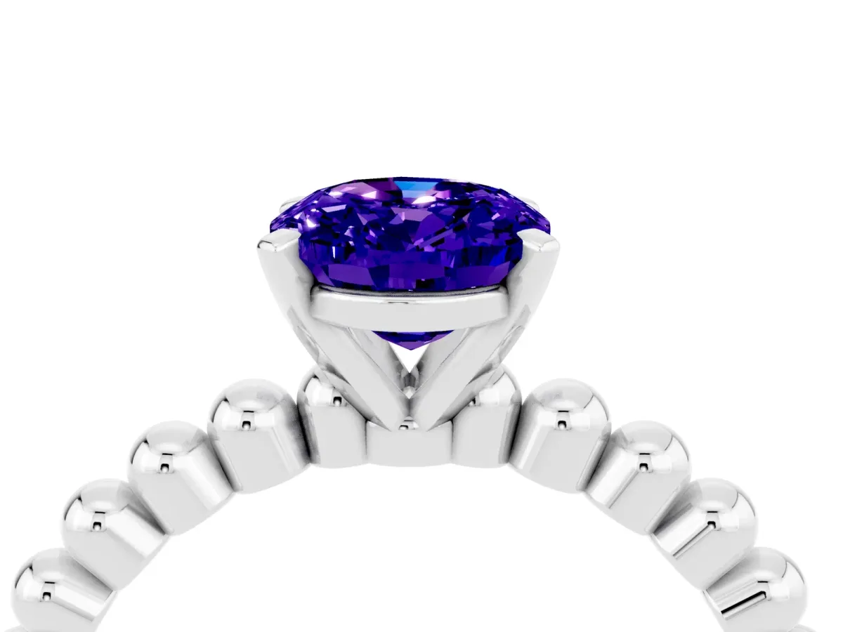 Oval Cut Tanzanite Solitaire Ring with Beaded Band and Prong Setting Silver