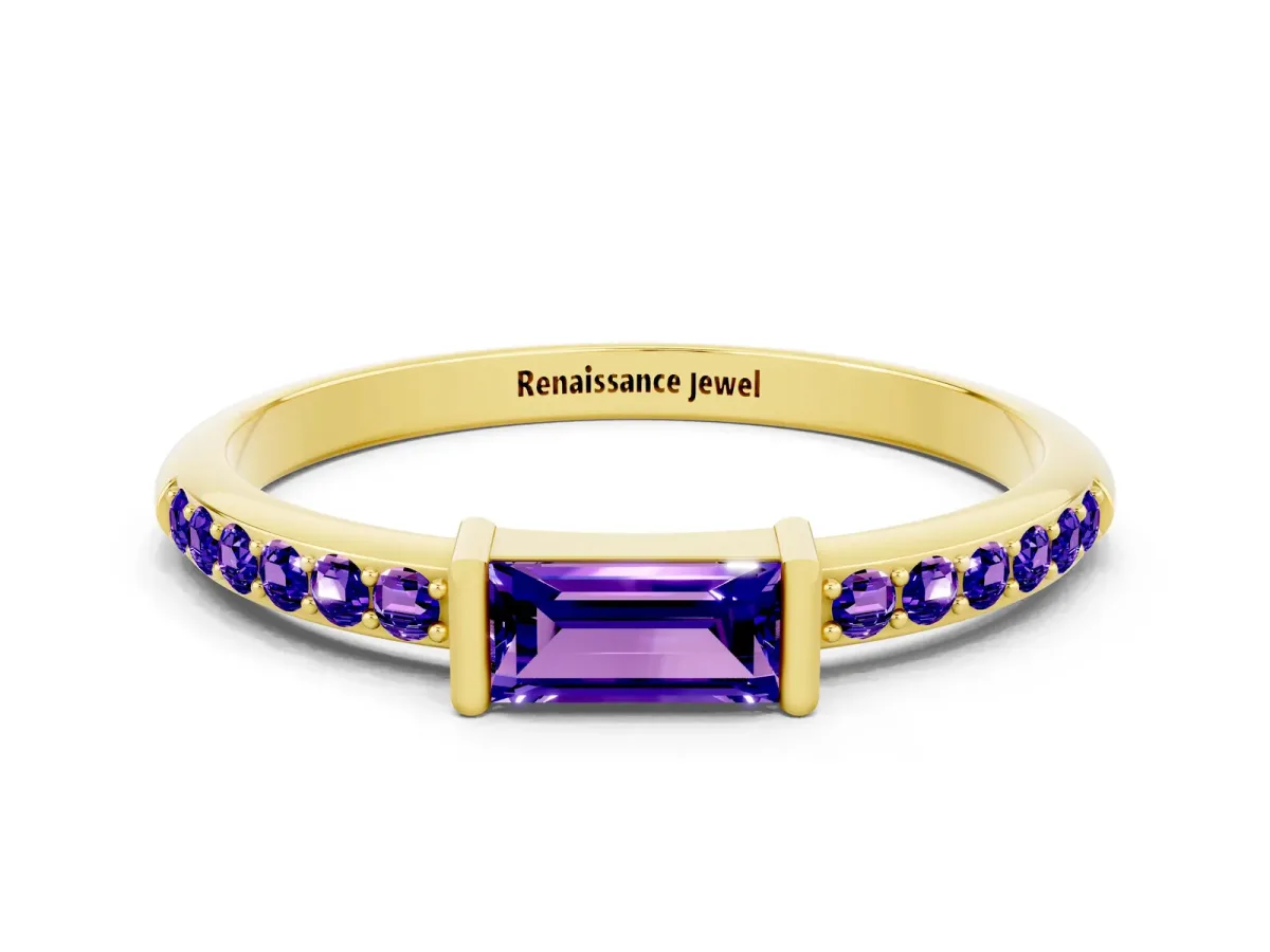 Baguette Tanzanite Pavé Band with Bar Setting Yellow gold