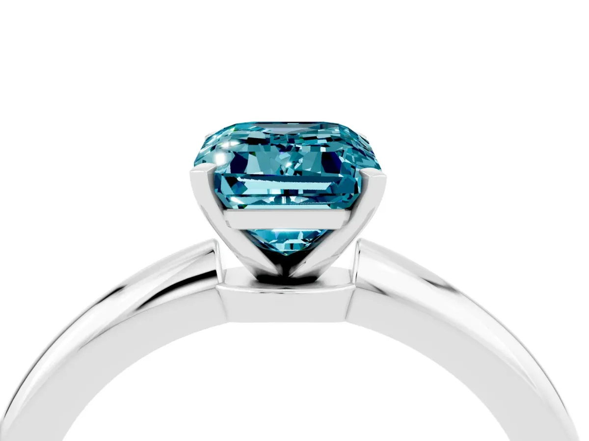 Emerald Cut Blue Topaz Solitaire Ring with Six-Prong Setting and Classic Band Platinum