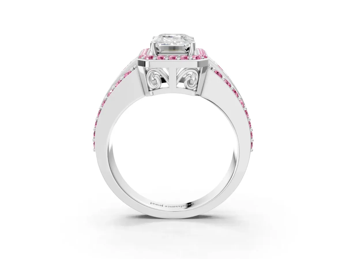 Emerald Cut Halo Diamond Ring with Round Pink Sapphire Split Shank and Prong Setting Silver