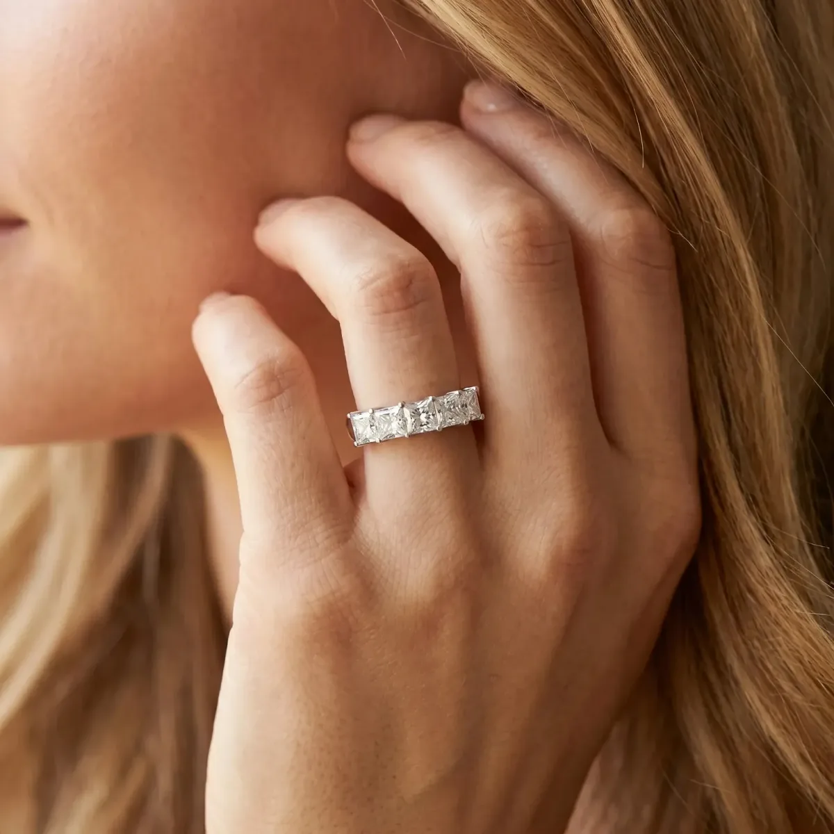 Princess Cut Five-Stone Diamond Band with Prong Setting Silver