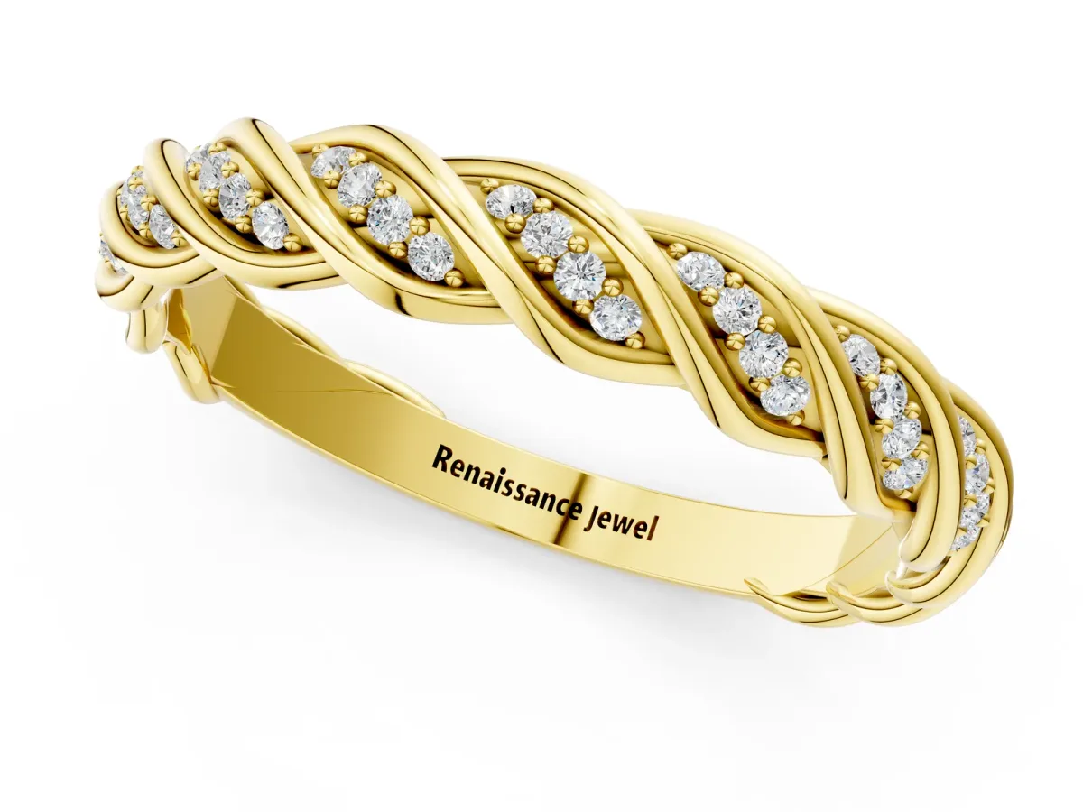 Twisted Pavé Round Diamond Eternity Band with Shared Prong Setting Yellow gold