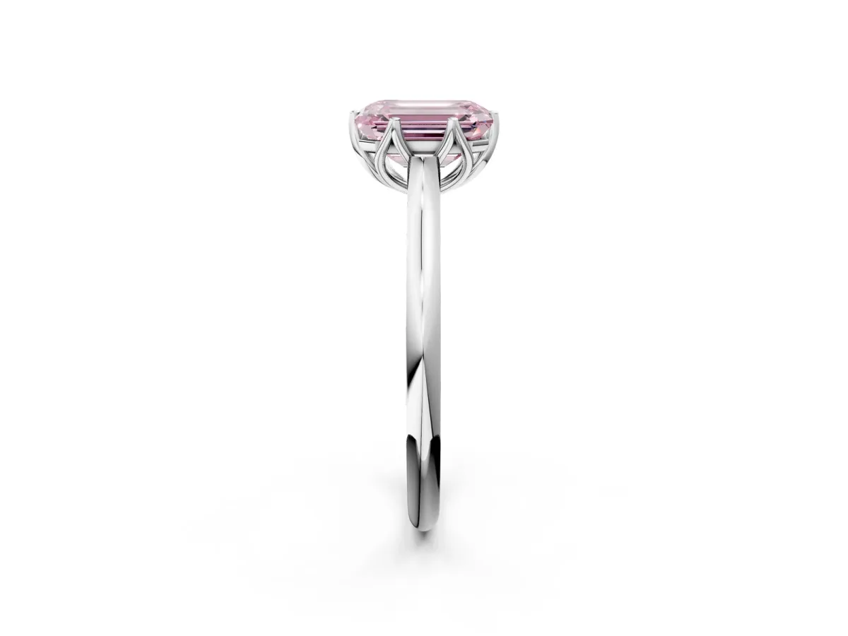 Fancy Pink Emerald Cut Solitaire Cathedral Diamond Ring with Six-Prong Setting Silver