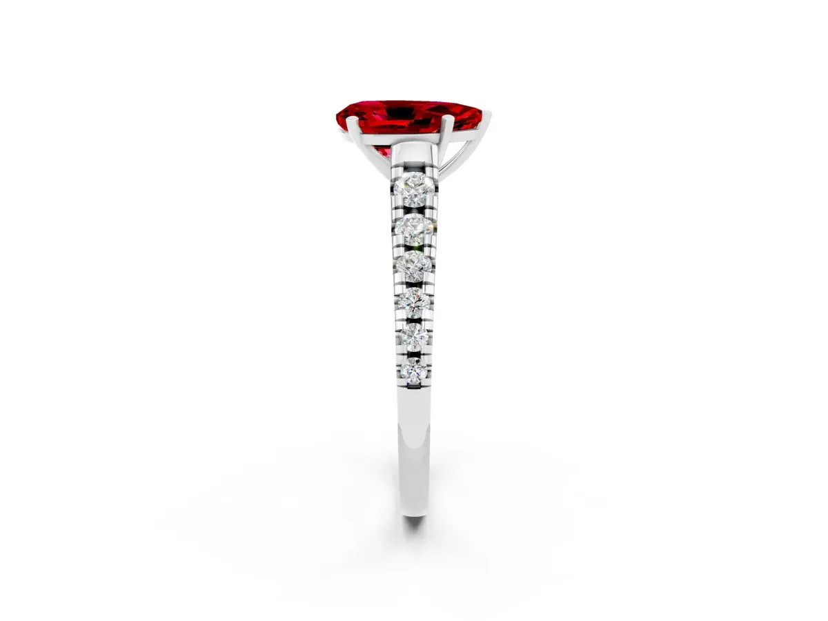 Pear Cut Ruby Cathedral Solitaire Ring with Round Pavé Band Platinum