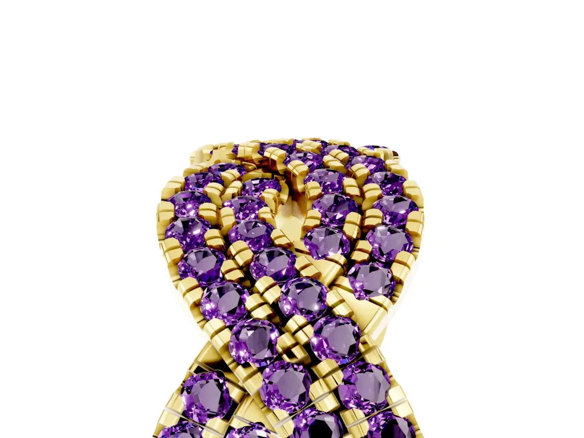 Pavé Round Amethyst Infinity Twist Band with Shared Prong Setting Yellow gold