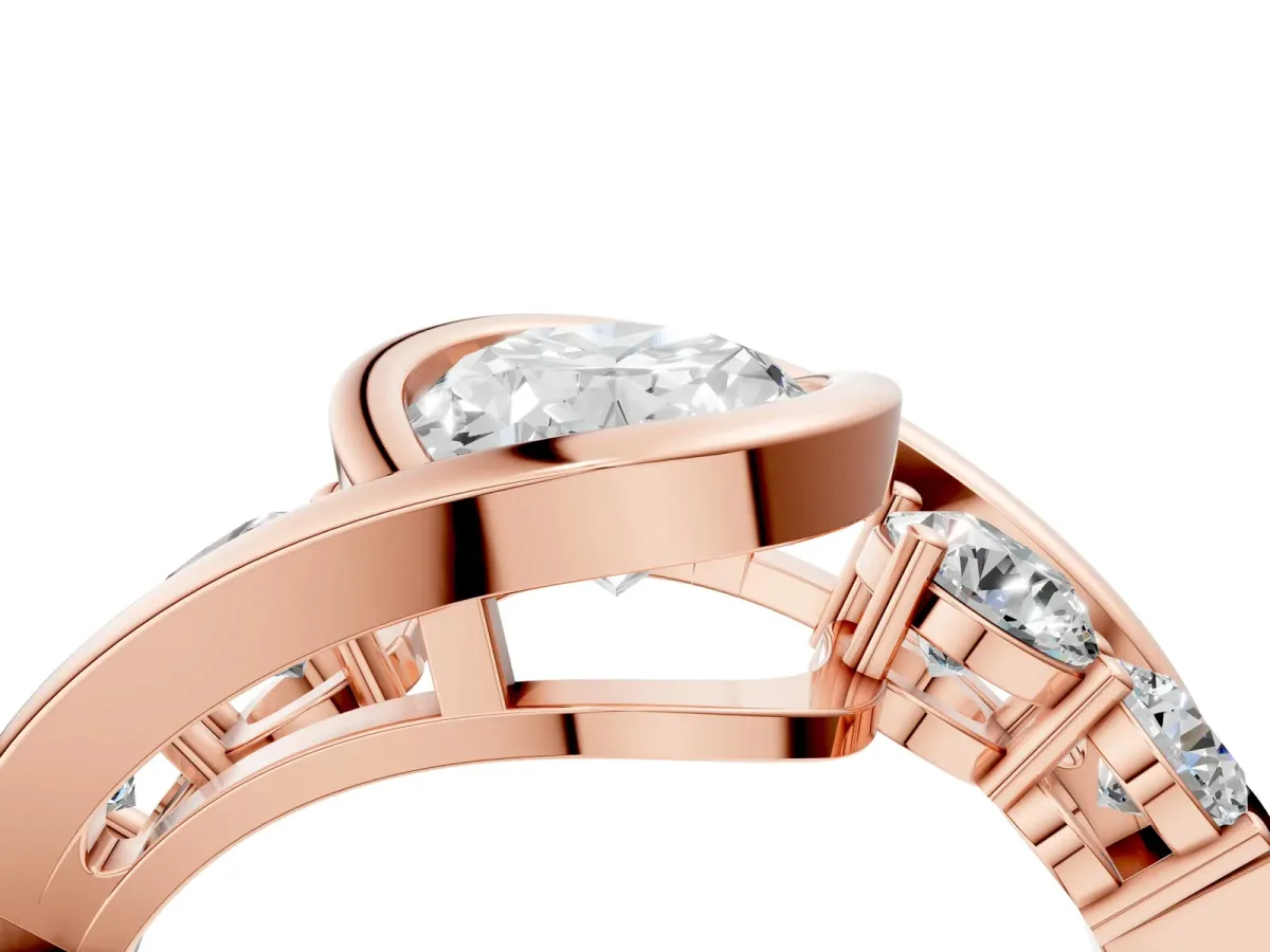 Bezel Set Oval Cut Diamond Bypass Ring with Round Accents Rose gold