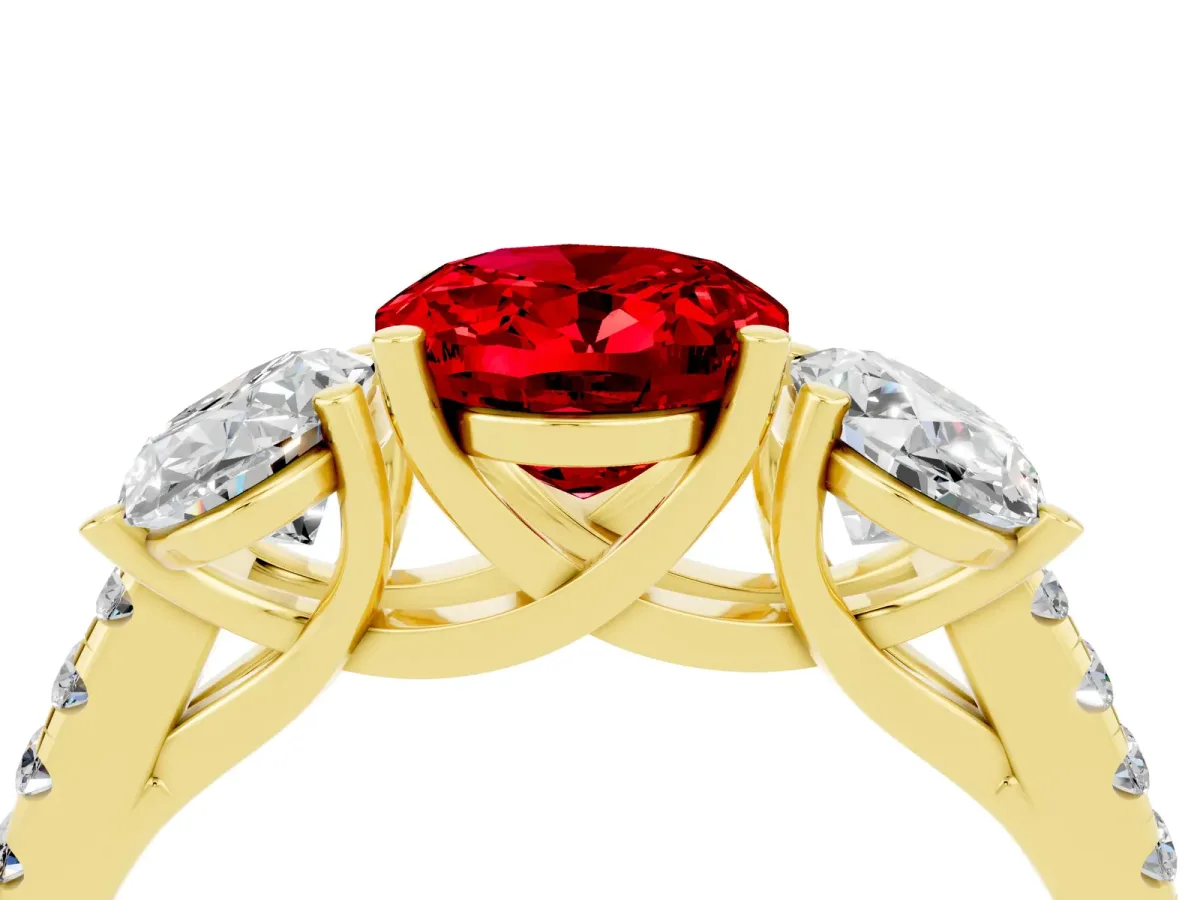 Three-Stone Oval Cut Ruby Ring with Round Pavé Band and Prong Setting Yellow gold