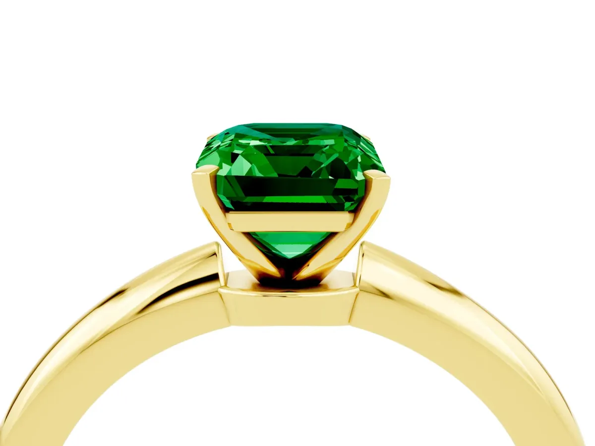 Emerald Cut Emerald Solitaire Ring with Six-Prong Setting and Classic Band Yellow gold
