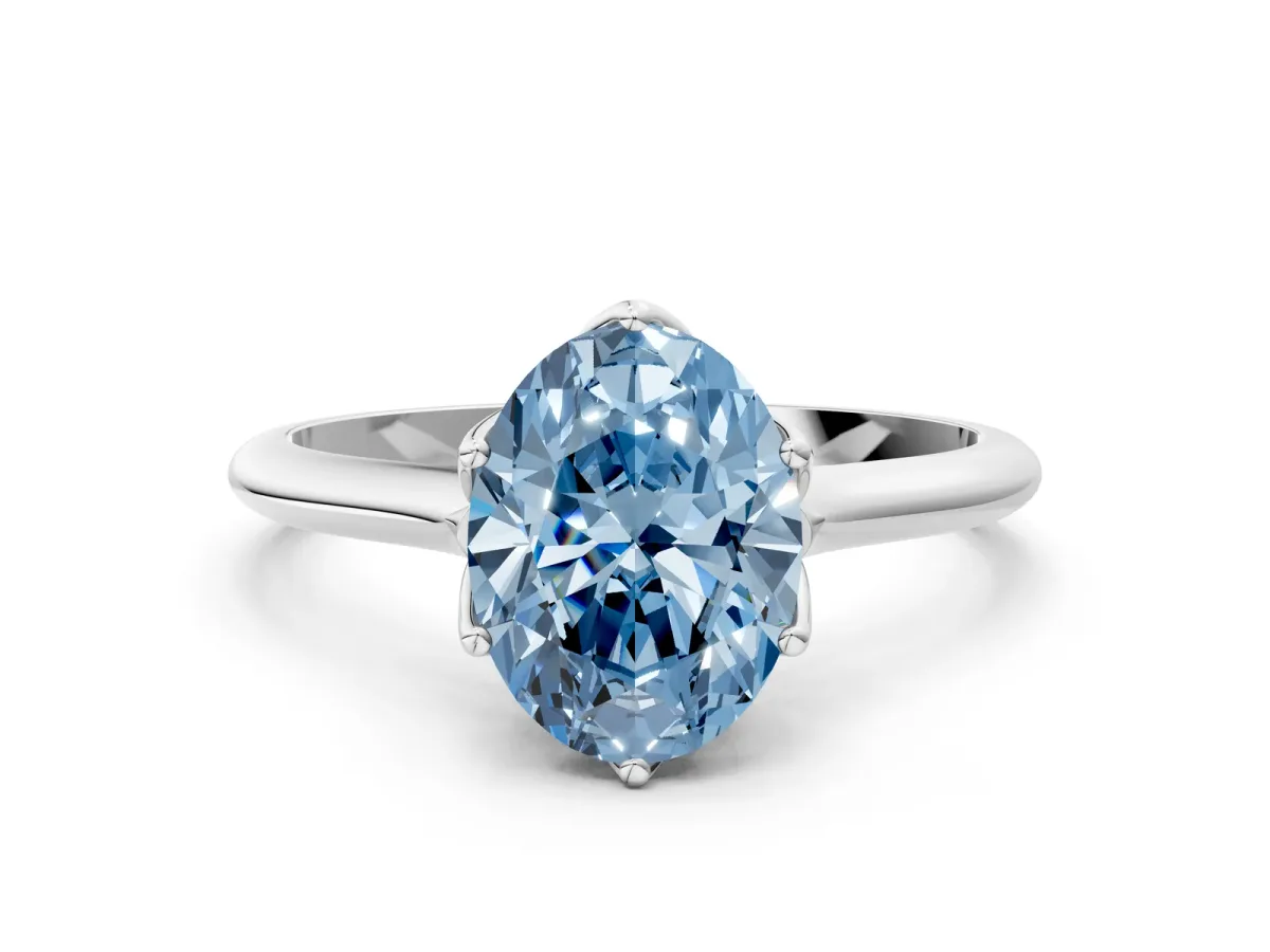 Fancy Blue Oval Cut Solitaire Cathedral Diamond Ring with Six-Prong Setting Silver