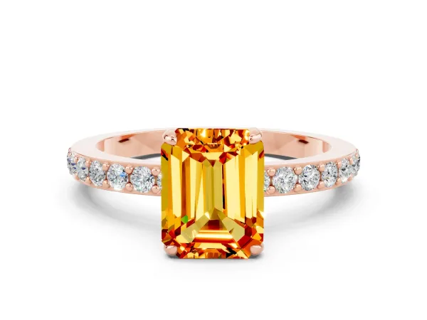 Emerald Cut Citrine Solitaire Engagement Ring with Pavé Band and Four-Prong Setting Rose gold