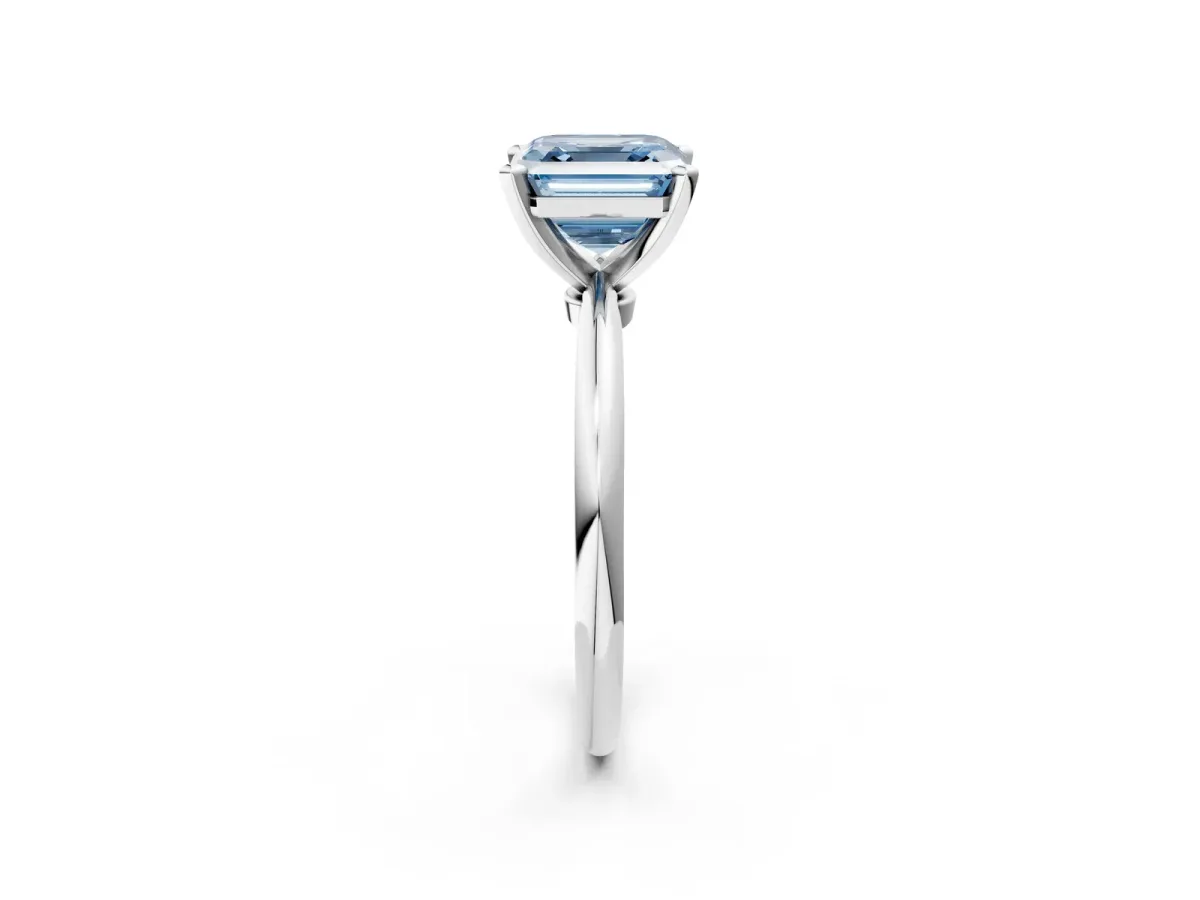 Fancy Blue Asscher Cut Diamond Solitaire Ring with Six-Prong Setting and Classic Band Silver