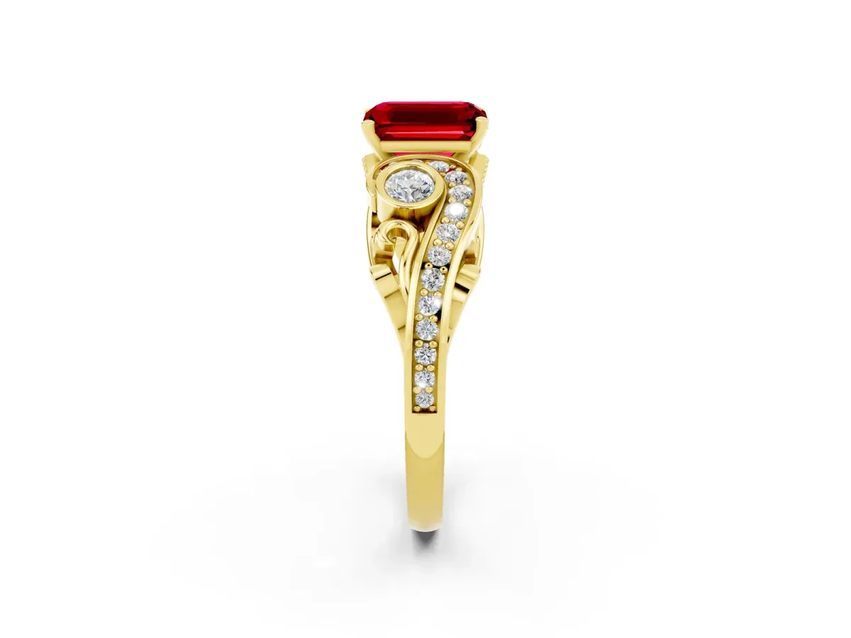 Emerald Cut Ruby Solitaire Ring with Milgrain Pavé Band and Four-Prong Setting Yellow gold