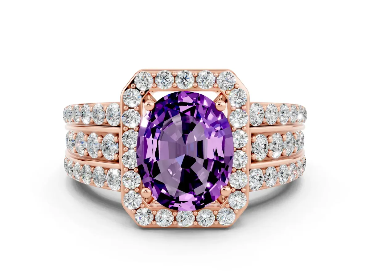 Oval Cut Halo Amethyst Ring with Round Split Shank and Prong Setting Rose gold
