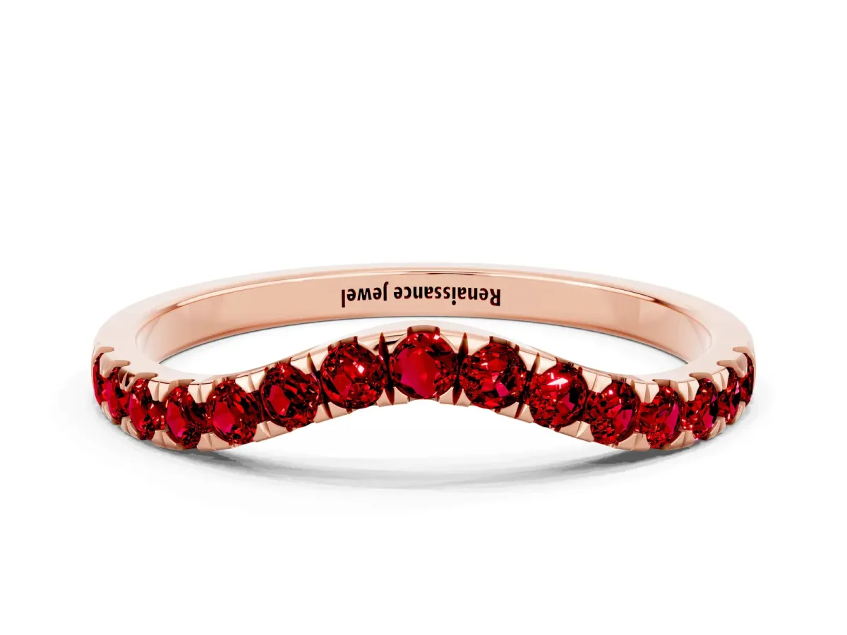Curved Pavé Round Ruby Wedding Band with Shared Prong Setting Rose gold