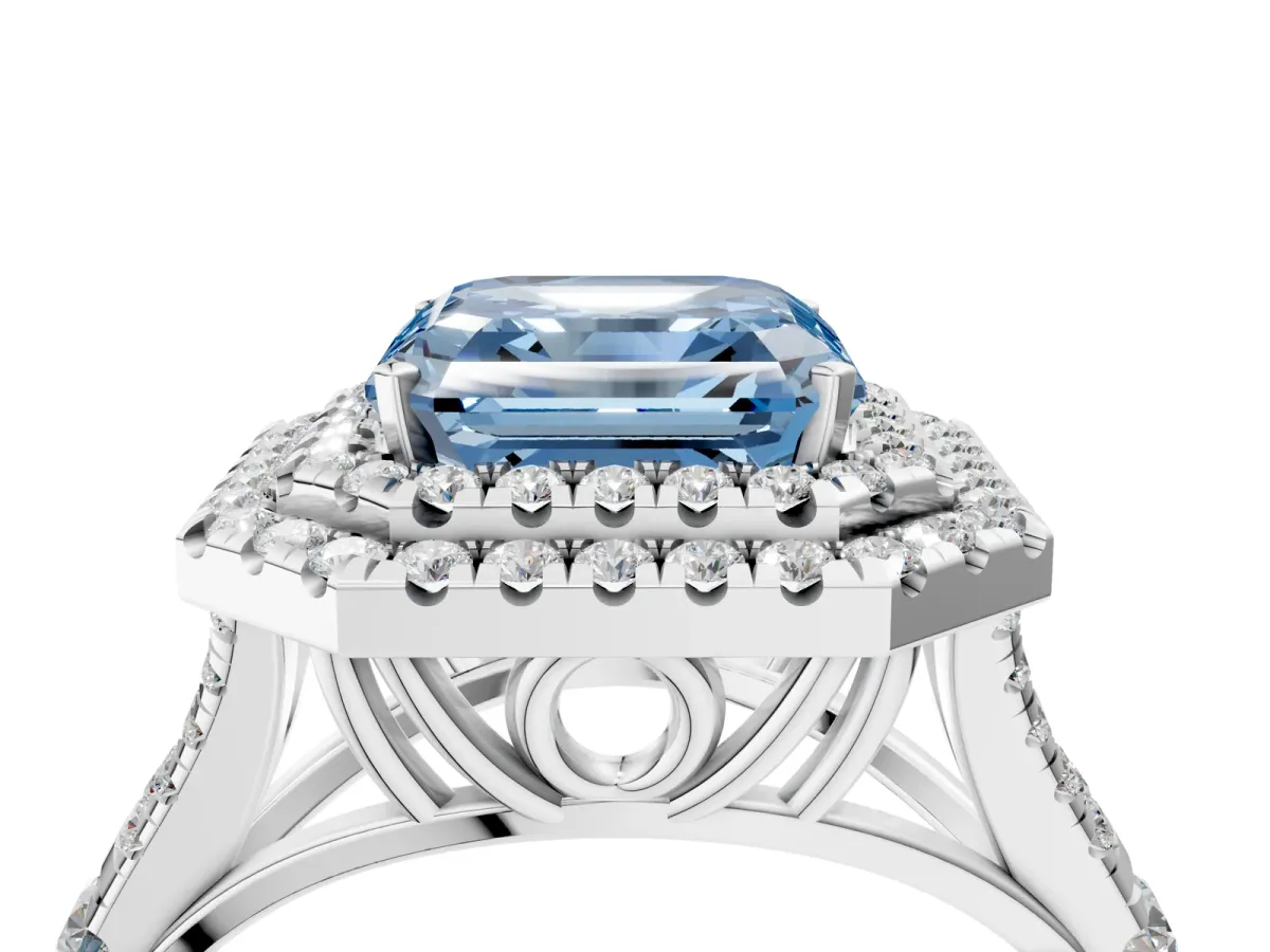Fancy Blue Asscher Cut Diamond Pavé Split Shank Double Halo Engagement Ring Platinum