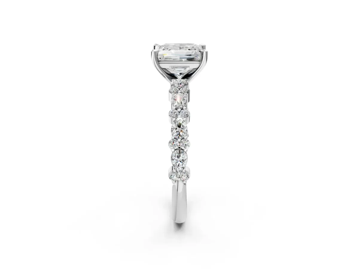 Princess Cut Diamond Side Stone Solitaire Ring with Round and Four-Prong Setting White gold