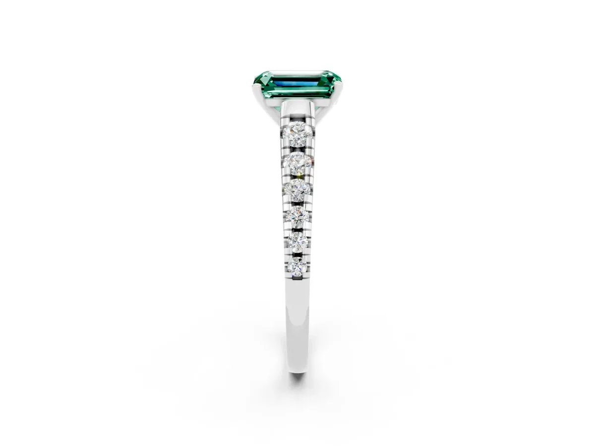 Emerald Cut Green Sapphire Cathedral Solitaire Ring with Round Pavé Band Silver
