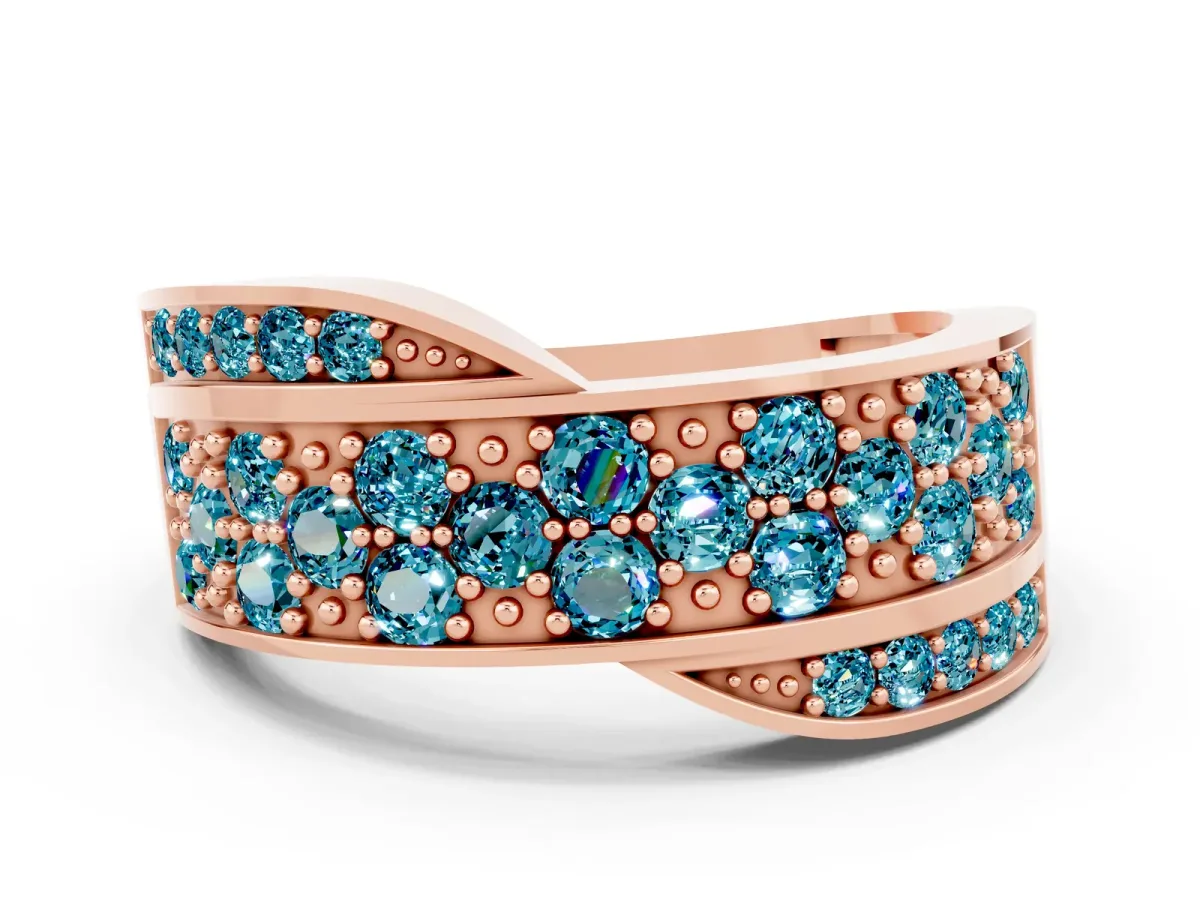 Pavé Round Blue Topaz Crossover Band with Bead Prong Setting Rose gold