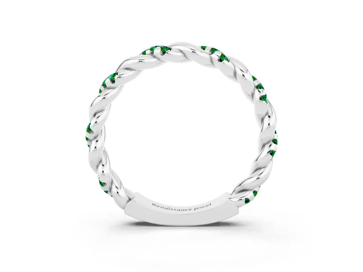 Twisted Pavé Round Emerald Eternity Band Silver