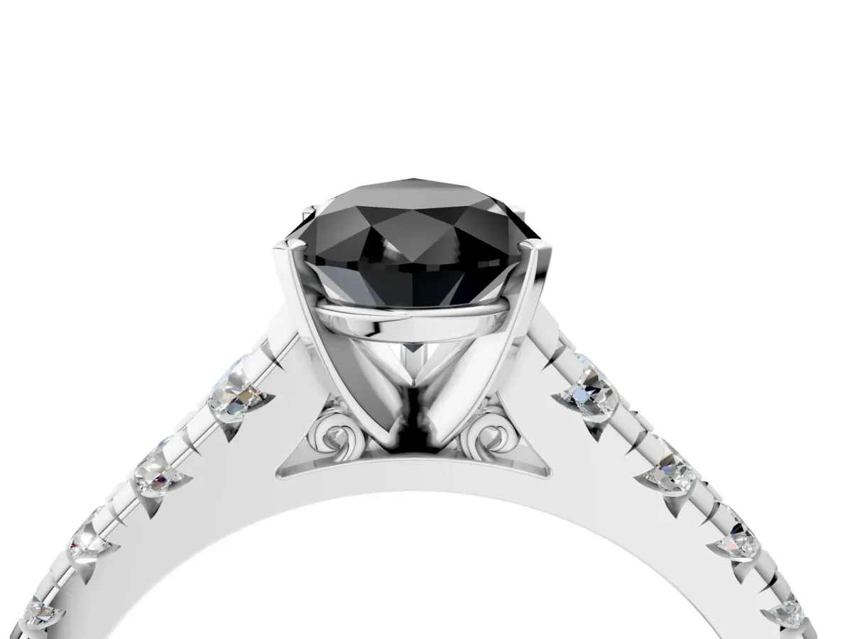 Fancy Black Pear Cut Diamond Cathedral Solitaire Ring with Round Pavé Band Silver