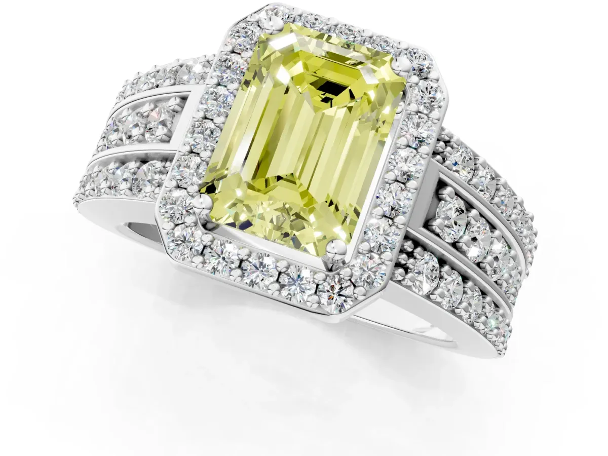 Fancy Yellow Emerald Cut Halo Diamond Ring with Round Split Shank and Prong Setting Silver