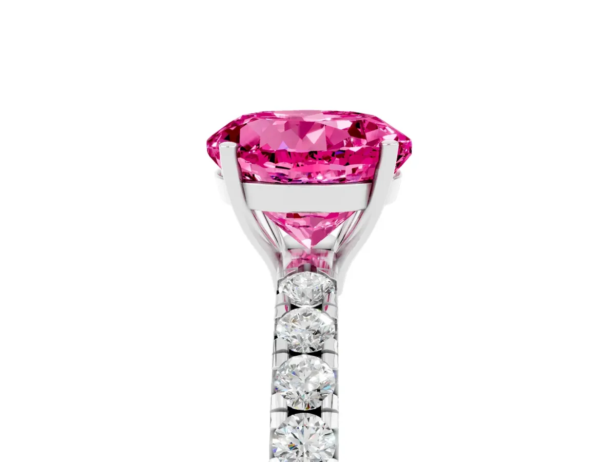 Round Cut Pink Sapphire Pavé Solitaire Engagement Ring with Four-Prong Setting Silver