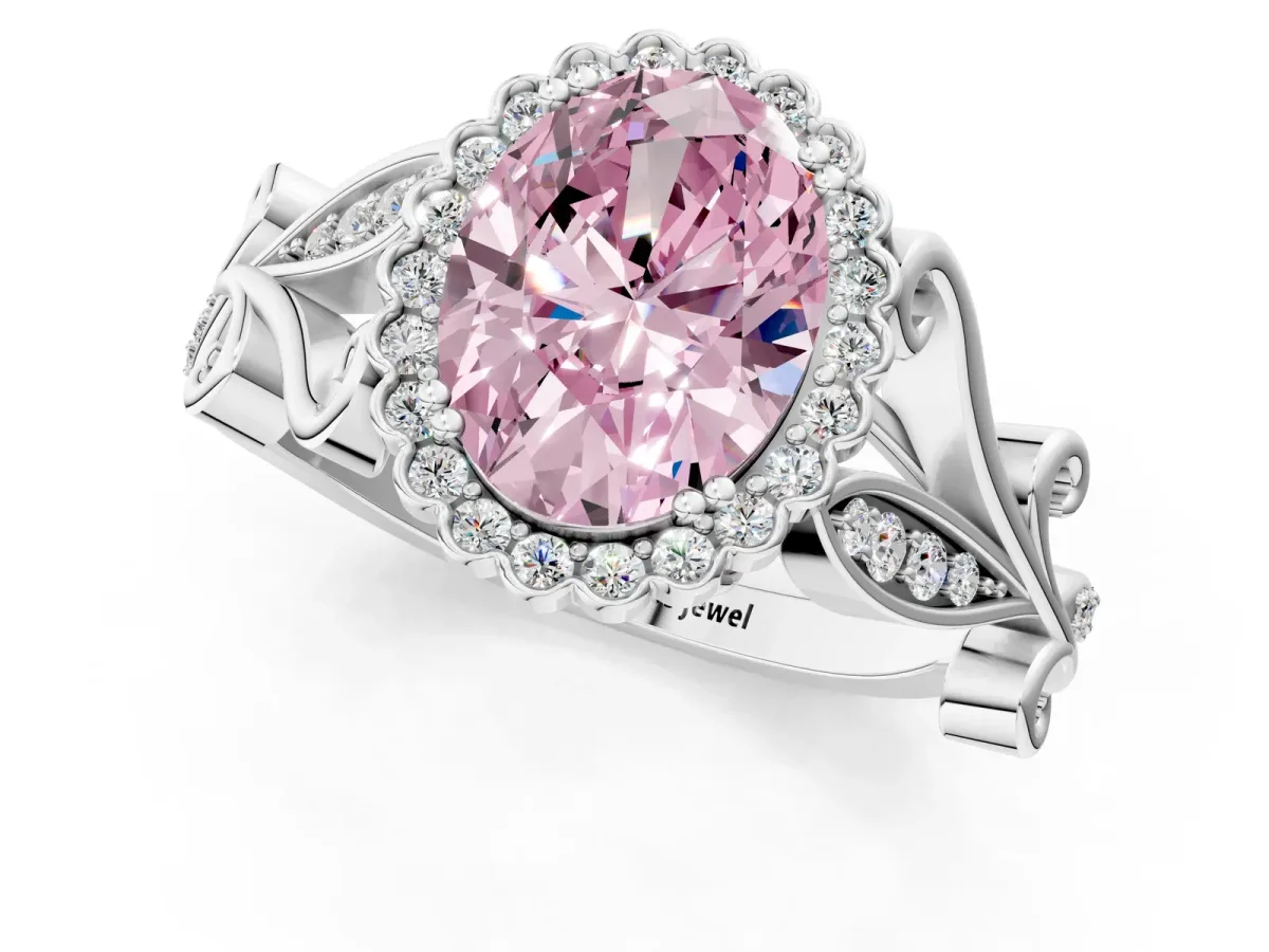 Fancy Pink Oval Cut Diamond Halo Ring with Vintage Split Shank and Four-Prong Setting Silver