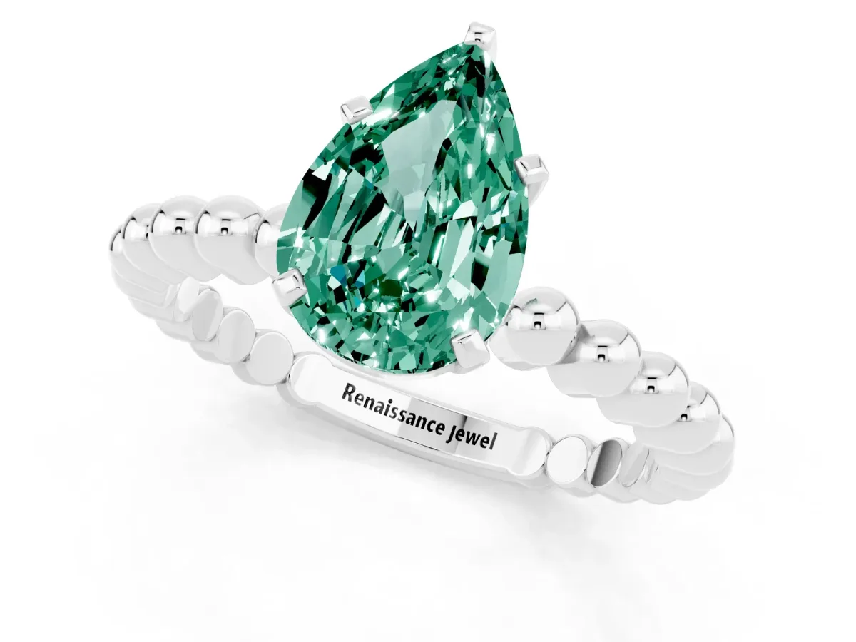 Pear Cut Green Sapphire Solitaire Ring with Beaded Band and Prong Setting Platinum