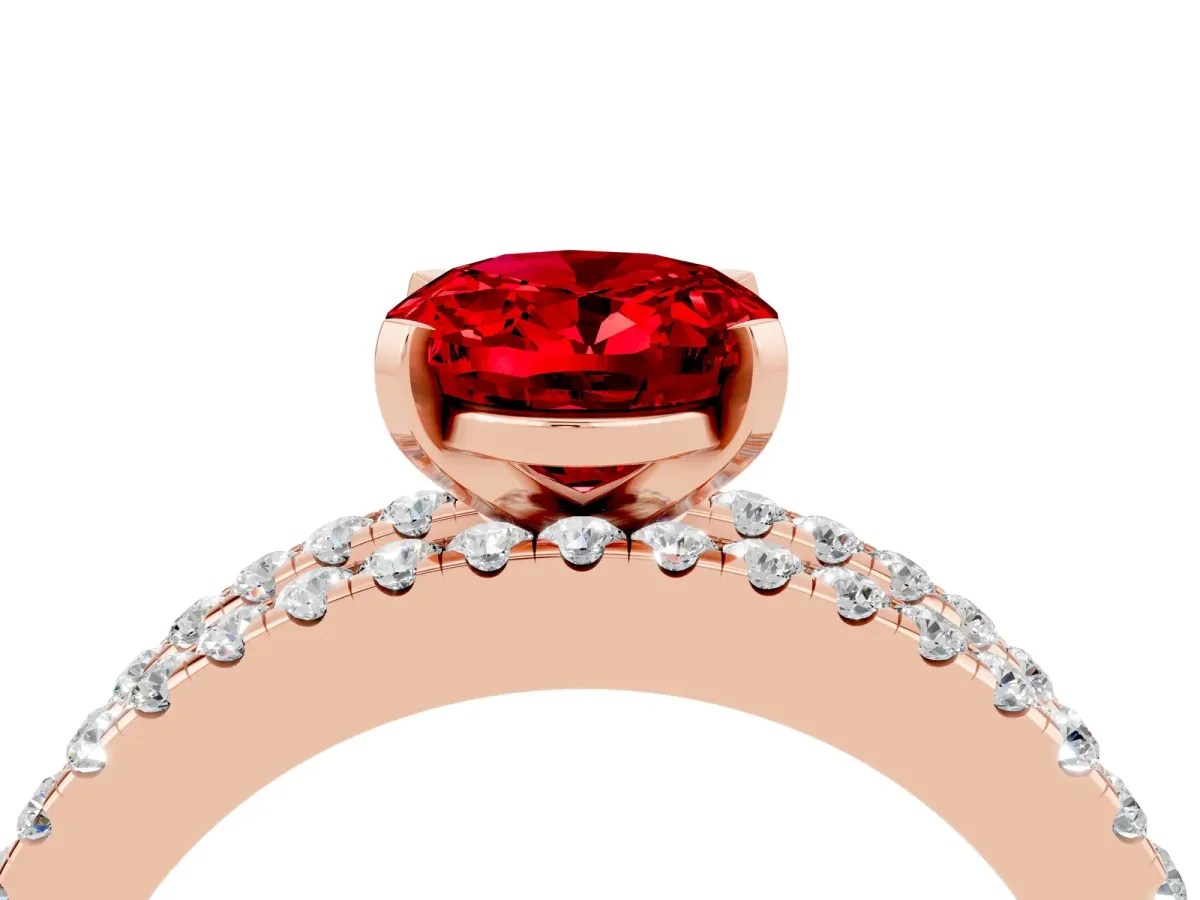 Oval Cut Ruby Solitaire Ring with Pavé and Channel Set Band Rose gold