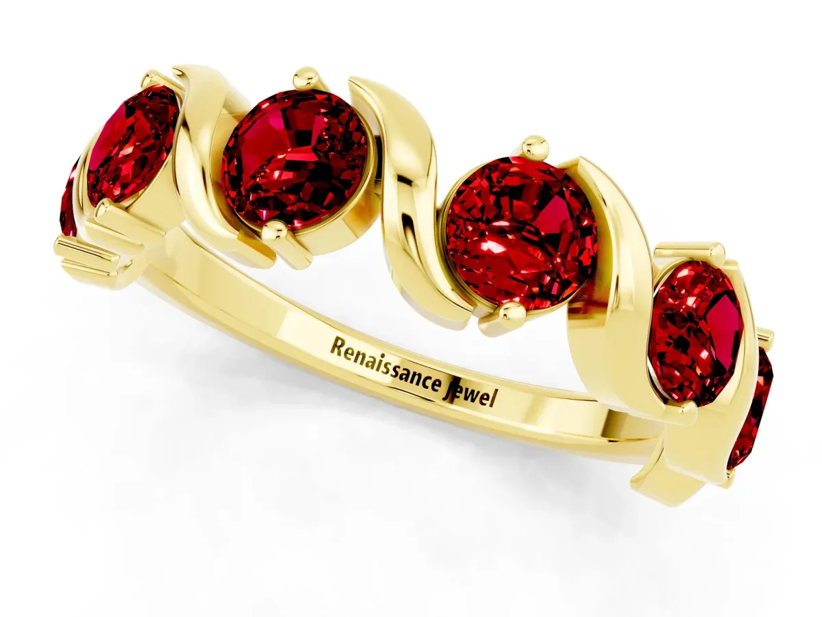 Round Ruby Half Eternity Band with Wave Prong Setting Yellow gold