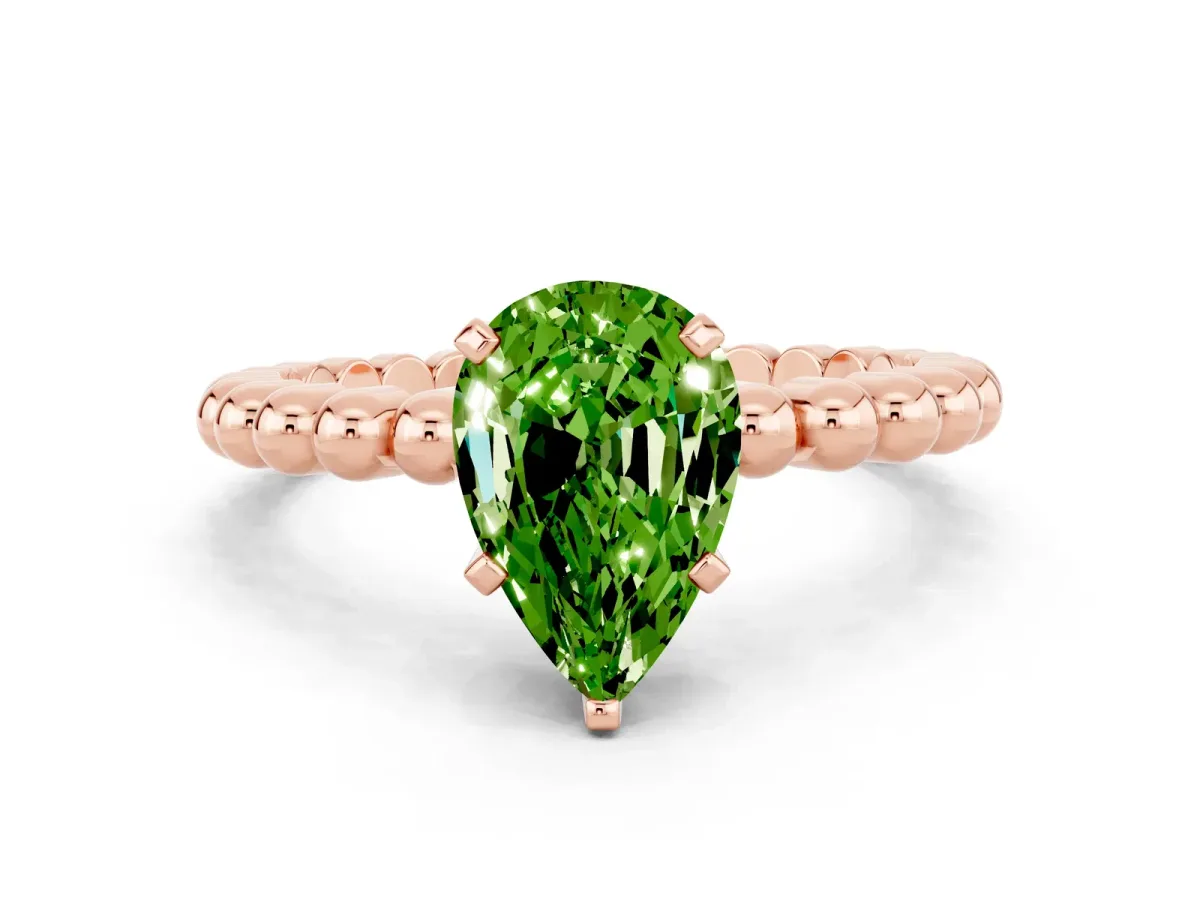 Pear Cut Peridot Solitaire Ring with Beaded Band and Prong Setting Rose gold