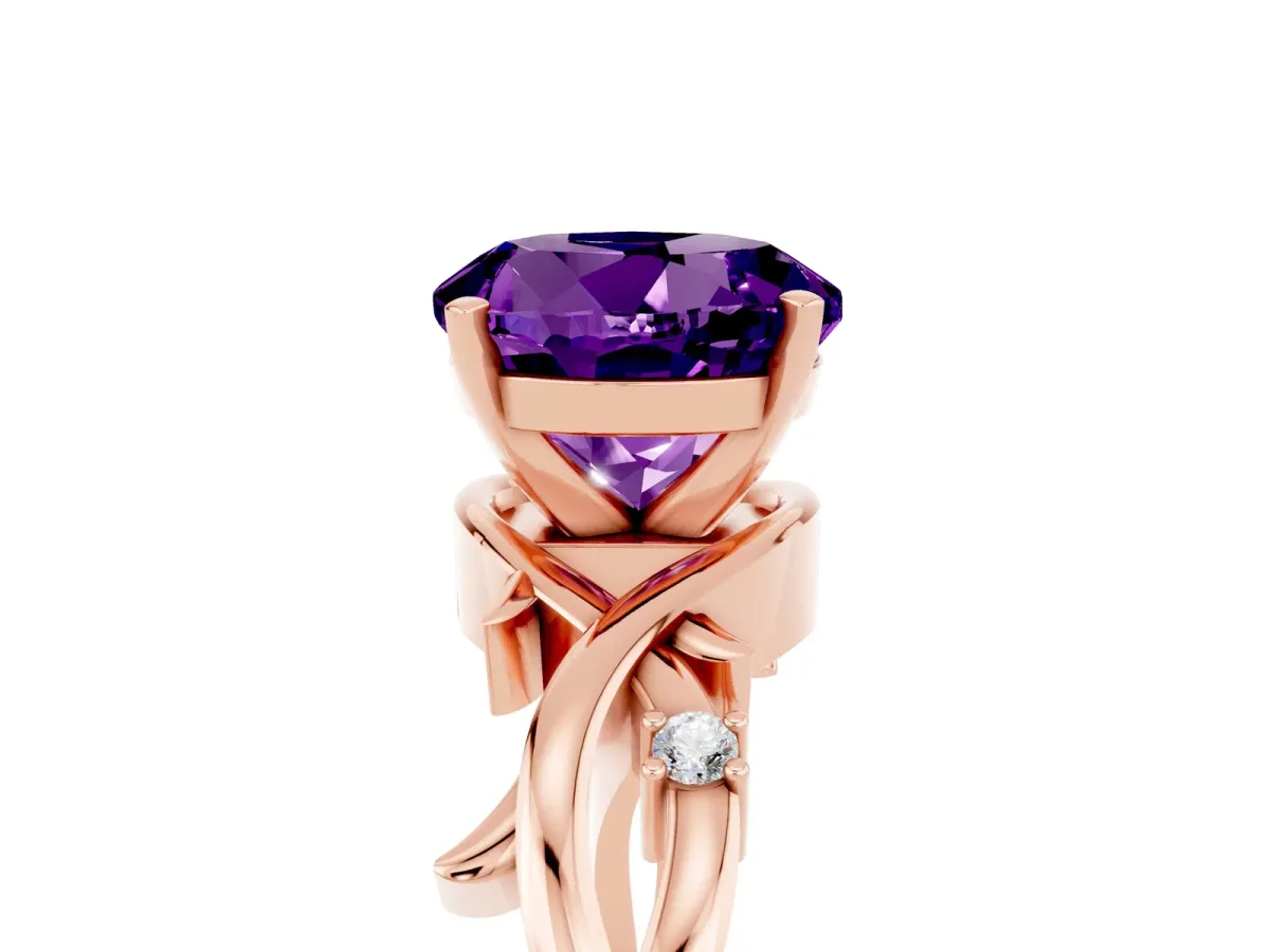 Round Cut Amethyst Solitaire Ring with Twisted Band and Prong Setting Rose gold