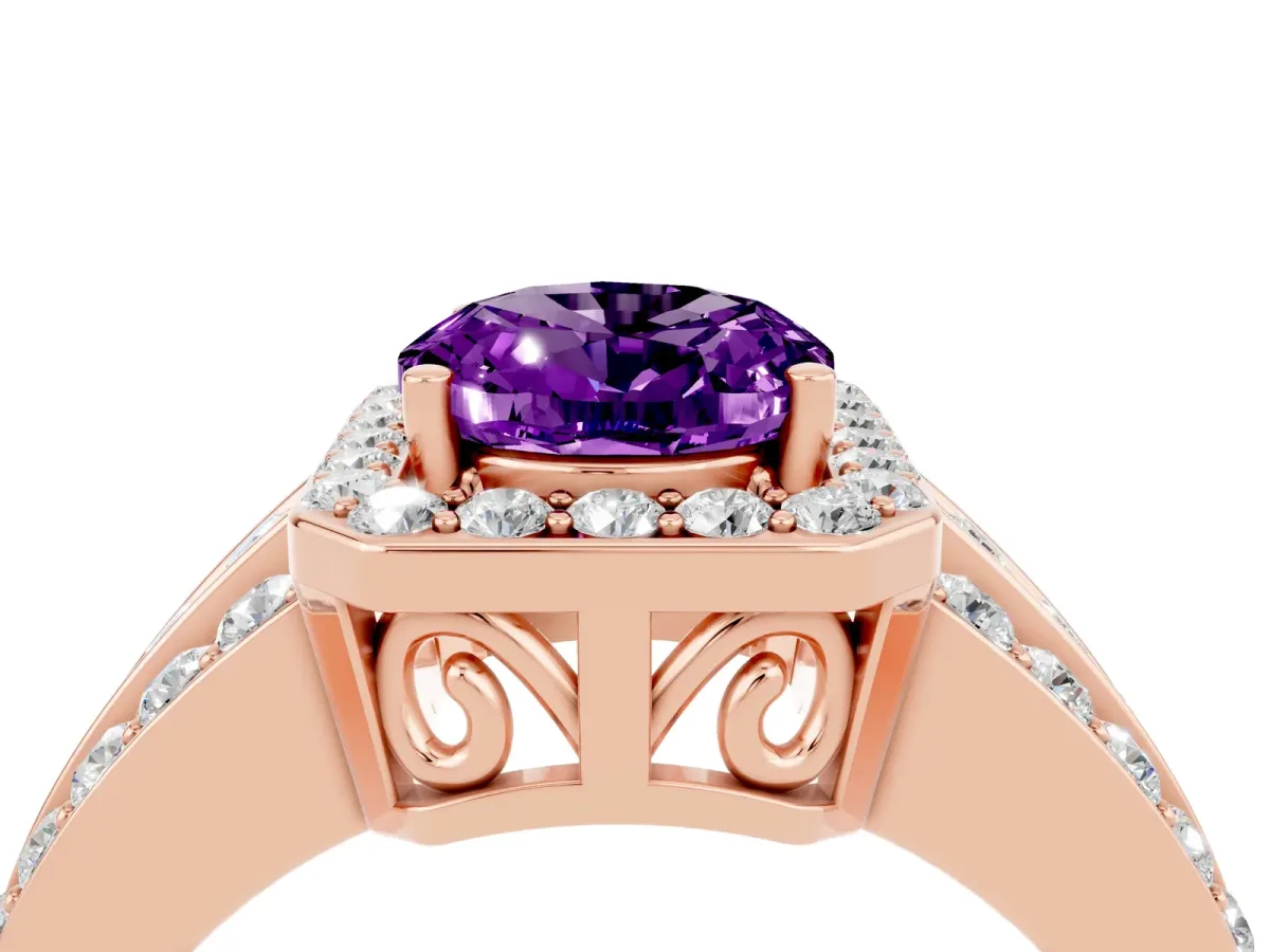 Oval Cut Halo Amethyst Ring with Round Split Shank and Prong Setting Rose gold
