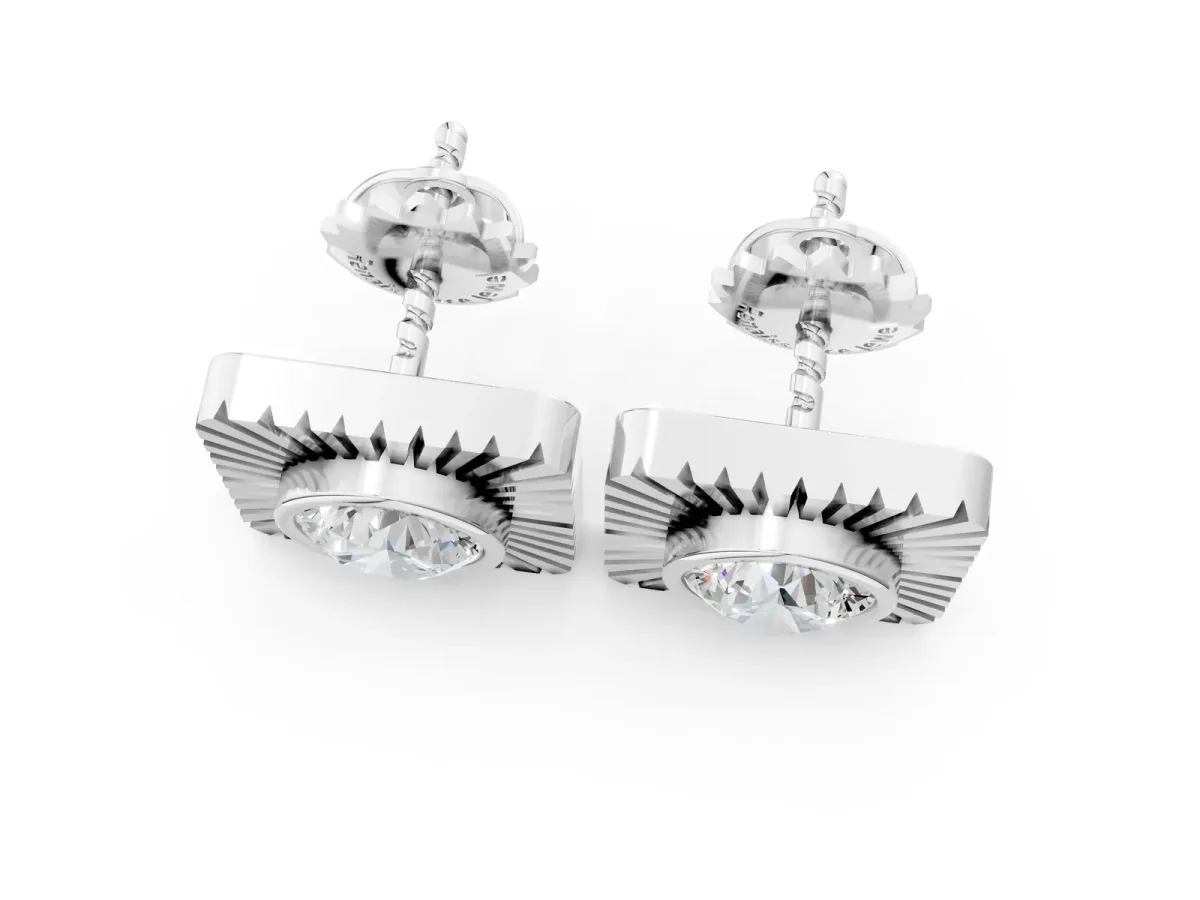 Round Diamond Sunburst Square Stud Earrings Platinum