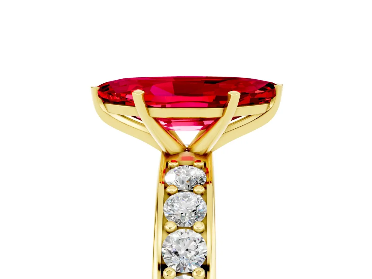 Marquise Cut Ruby Engagement Ring with Channel Set Round Band and Prong Setting Yellow gold