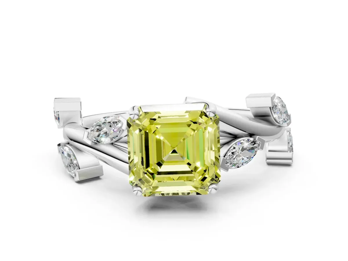 Fancy Yellow Asscher Cut Solitaire Twisted Band Marquise Accent Prong Setting Ring Platinum