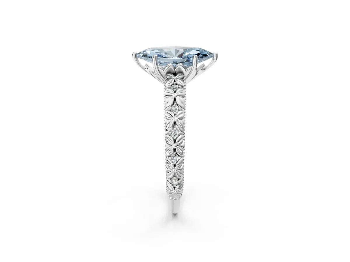 Fancy Blue Marquise Cut Solitaire Floral Milgrain Engagement Ring Silver