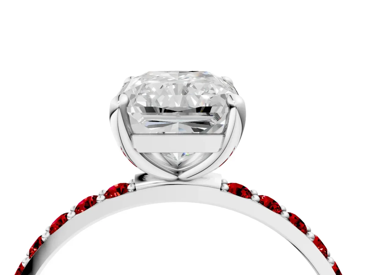 Radiant Cut Diamond Solitaire Ring with Round Ruby Pavé Band and Prong Setting Silver